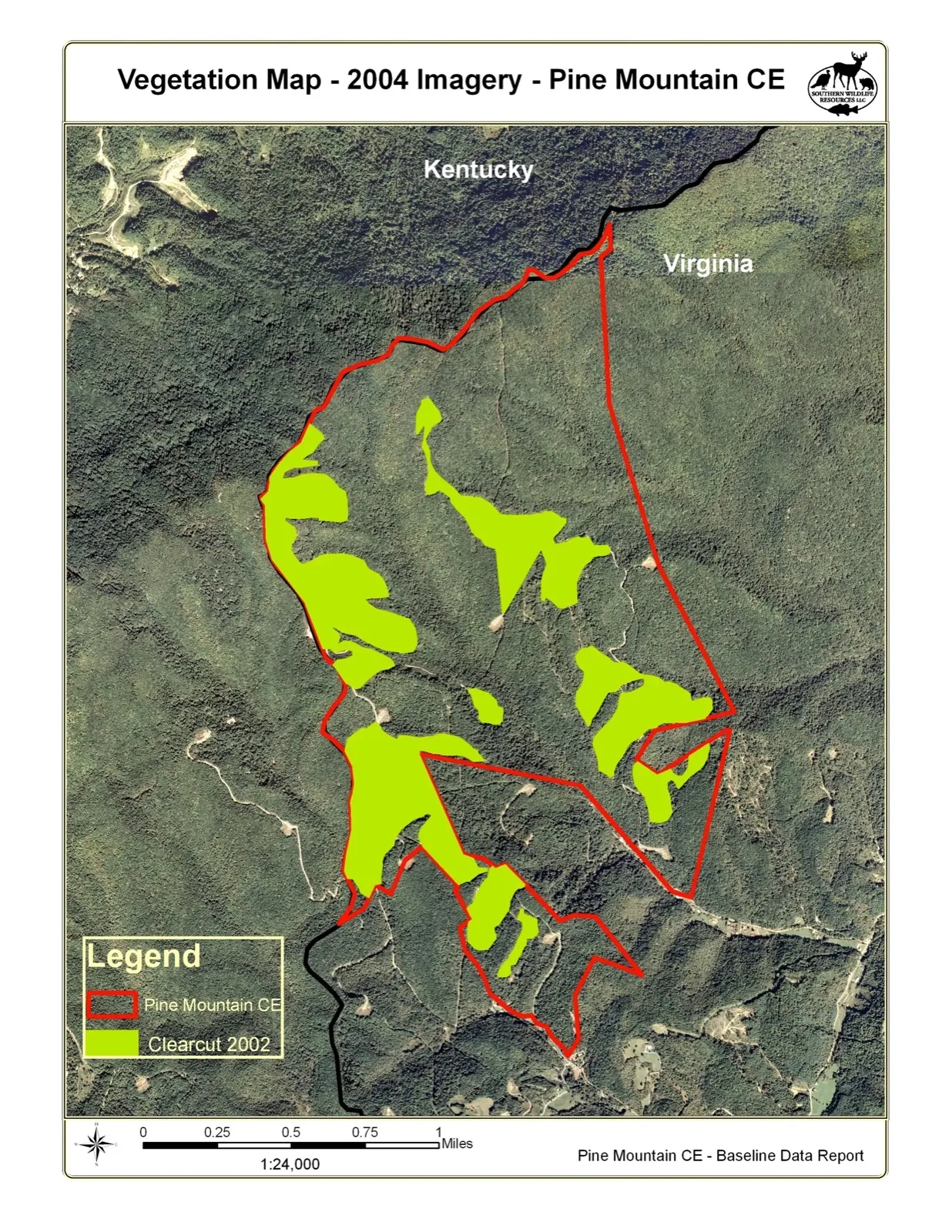 Vegetation map of the Pine Mountain conservation easement on the Kentucky-Virginia line, outlining the easement boundary in red over 2004 aerial imagery with 2002 clearcut areas highlighted in green